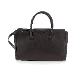 Catchall Brown Handbag with logo lettering on the front and adjustable and removable shoulder strap in leather for women