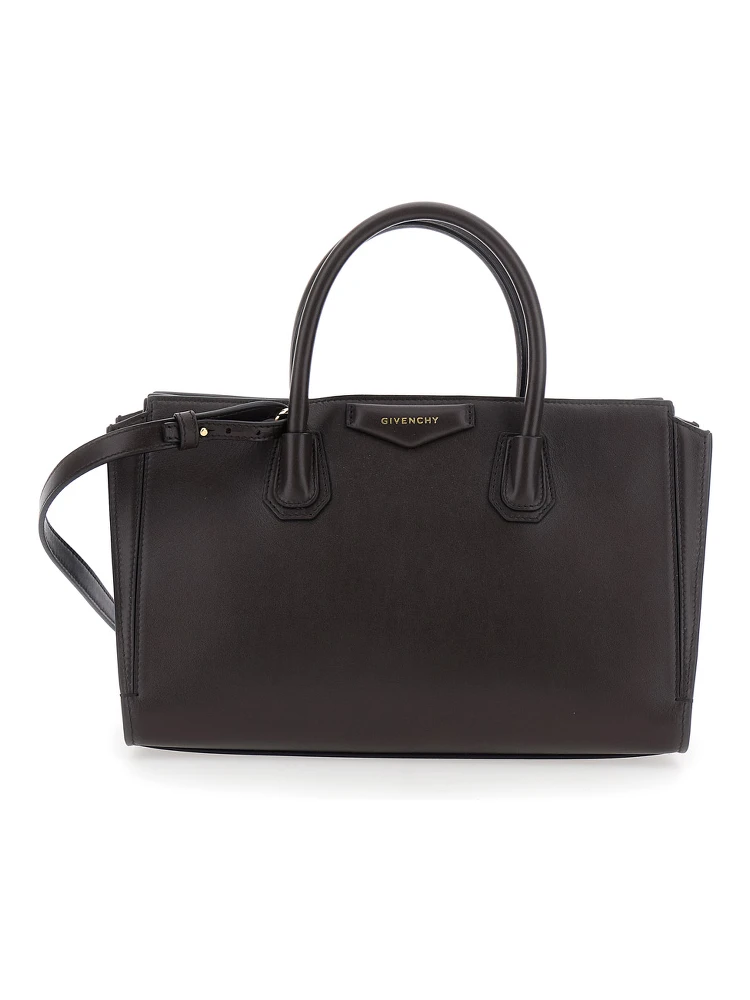 Catchall Brown Handbag with logo lettering on the front and adjustable and removable shoulder strap in leather for women