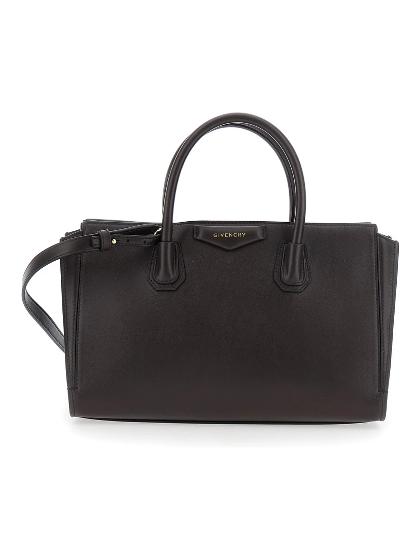 Catchall Brown Handbag with logo lettering on the front and adjustable and removable shoulder strap in leather for women
