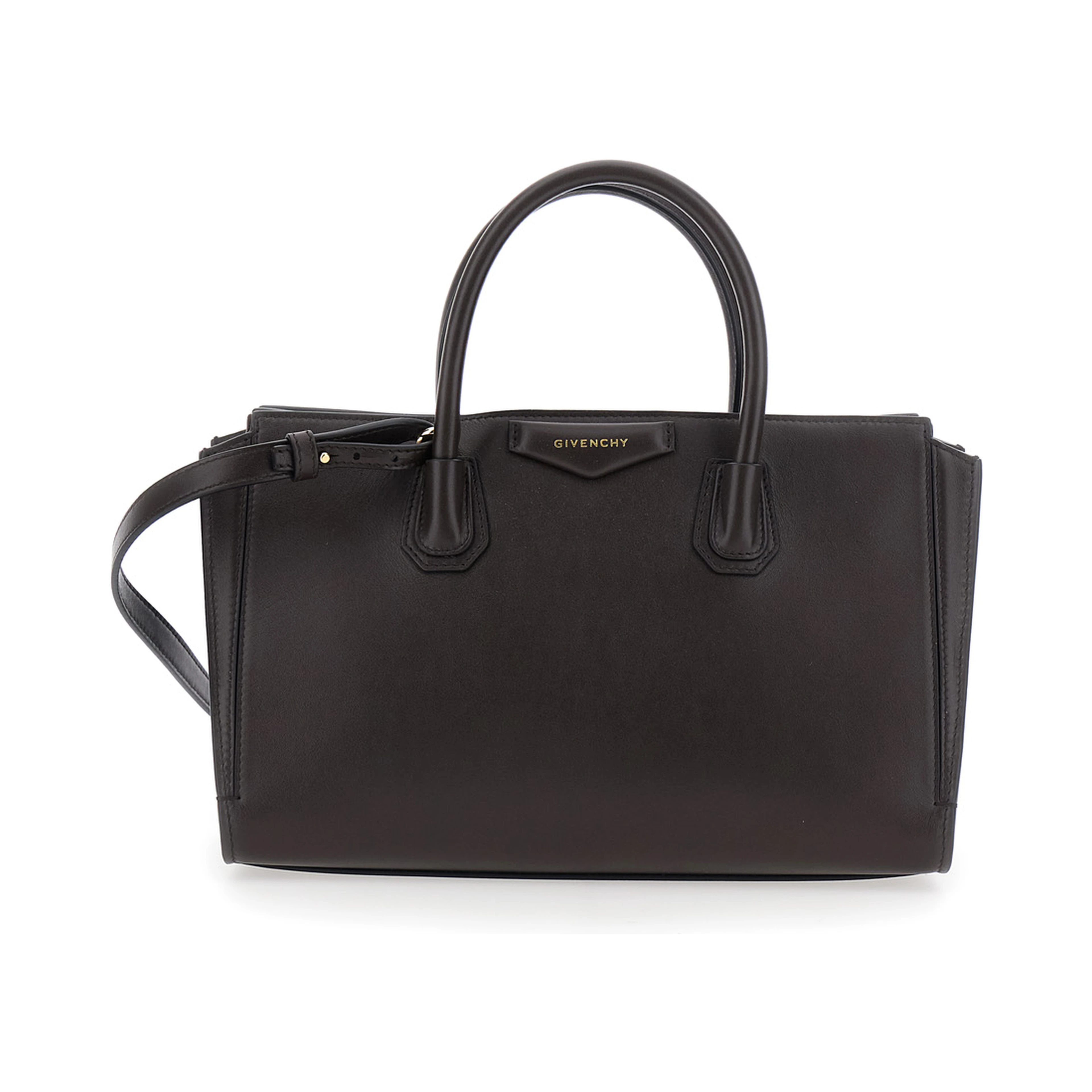 Catchall Brown Handbag with logo lettering on the front and adjustable and removable shoulder strap in leather for women