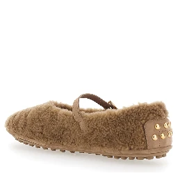 Beige Ballet Shoes with Adjustable Strap Closure in Fur for Women