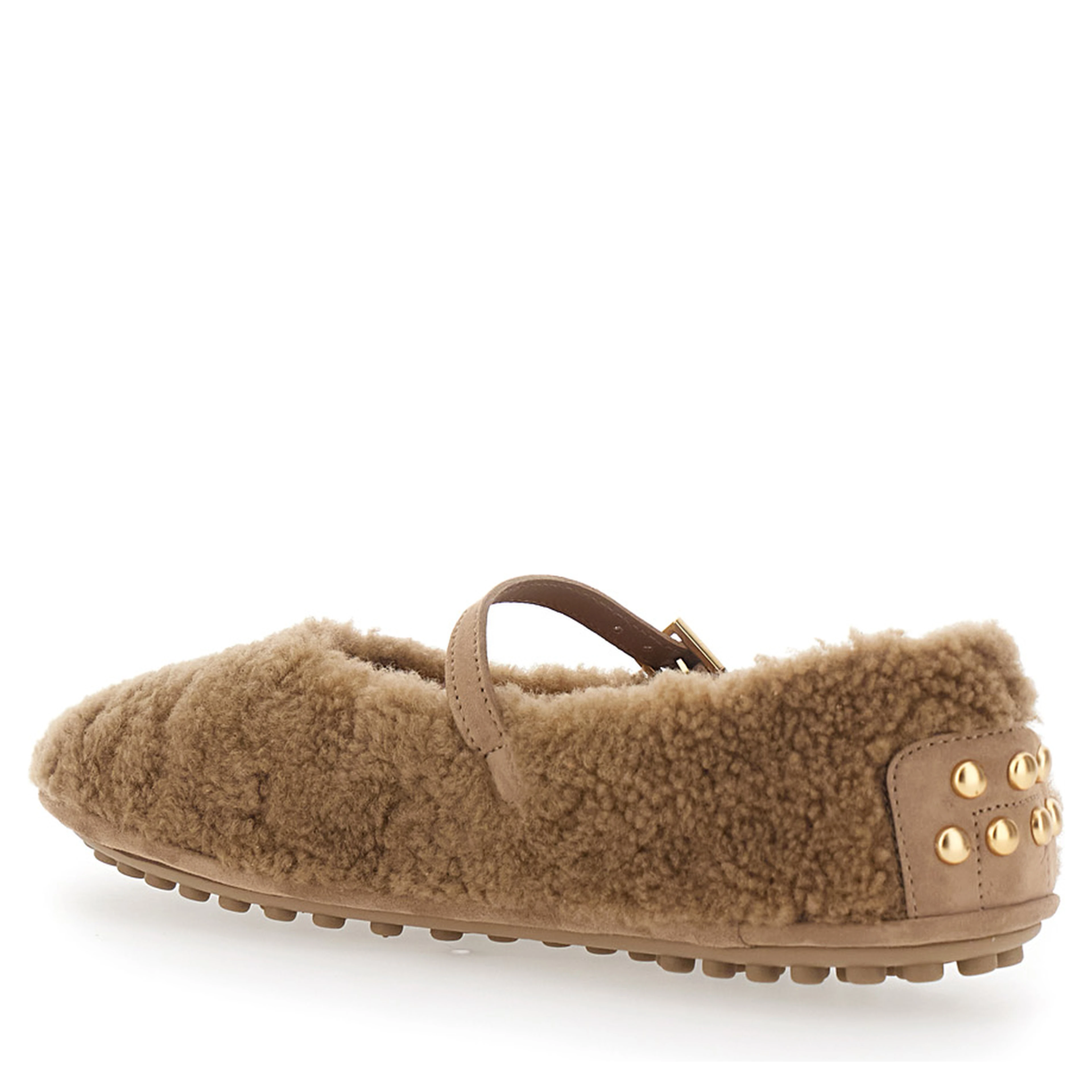 Beige Ballet Shoes with Adjustable Strap Closure in Fur for Women