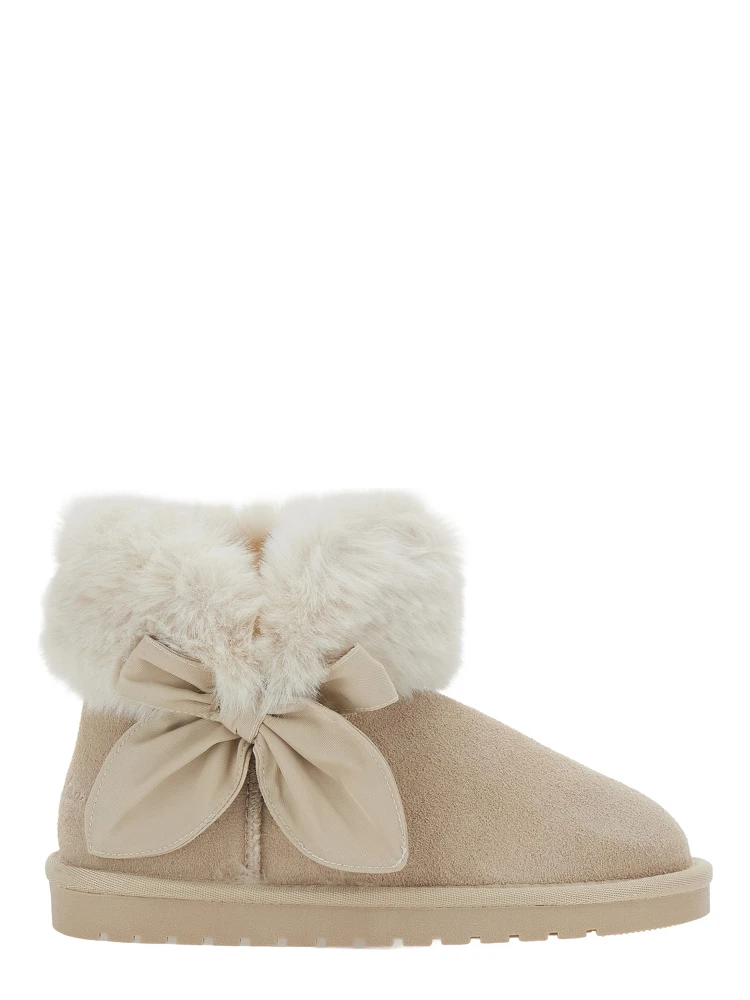 Beige Ankle Boot with Bow and Fur Lining in Suede Girl
