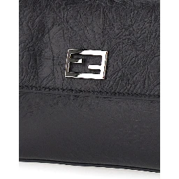 Black Crossbody bag with chain strap and FF plate on the front in leather for women