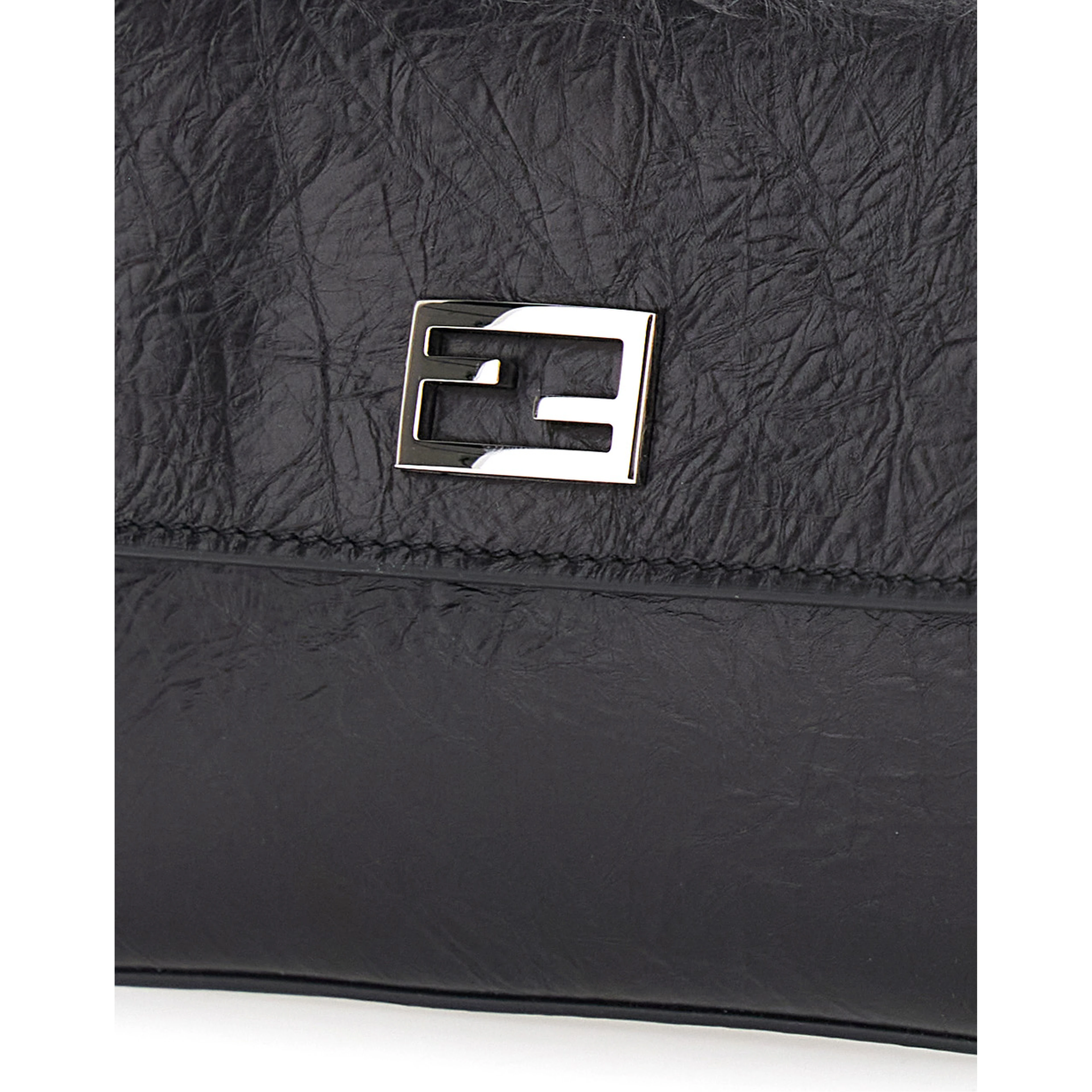 Black Crossbody bag with chain strap and FF plate on the front in leather for women