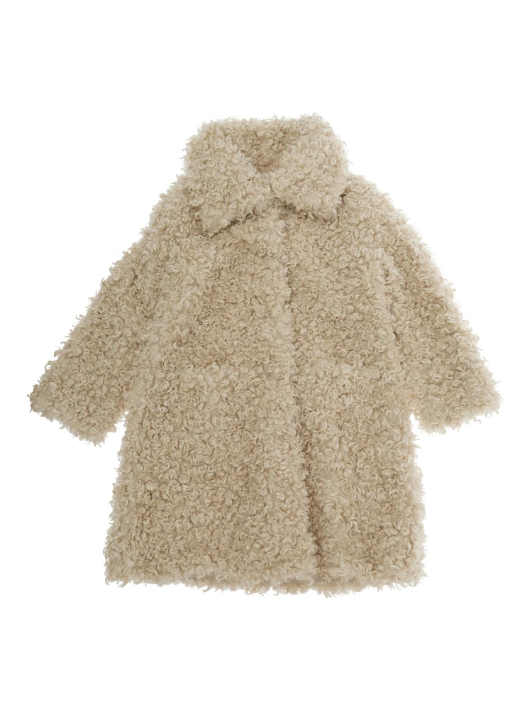 Beige Coat with classic collar and hidden front closure in ecofur girl