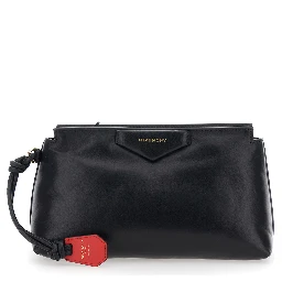 Clutch Bag with Flap and Logo in Black Leather Woman