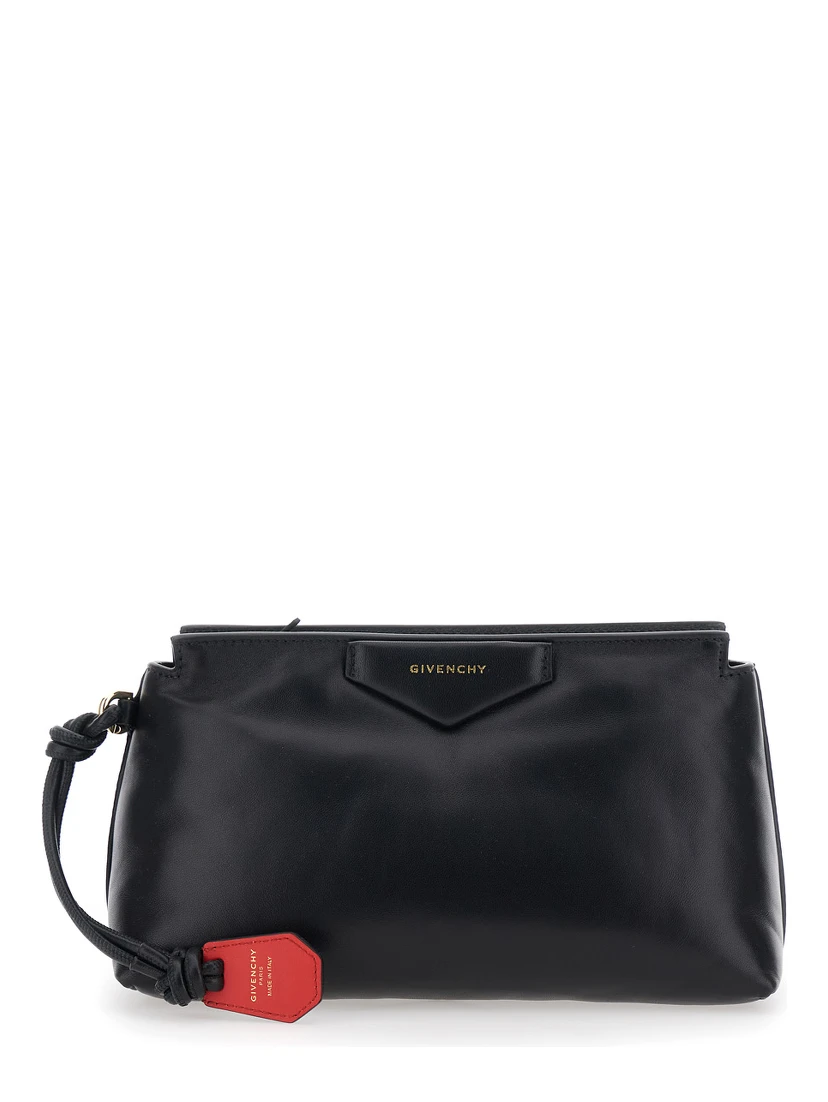 Clutch Bag with Flap and Logo in Black Leather Woman