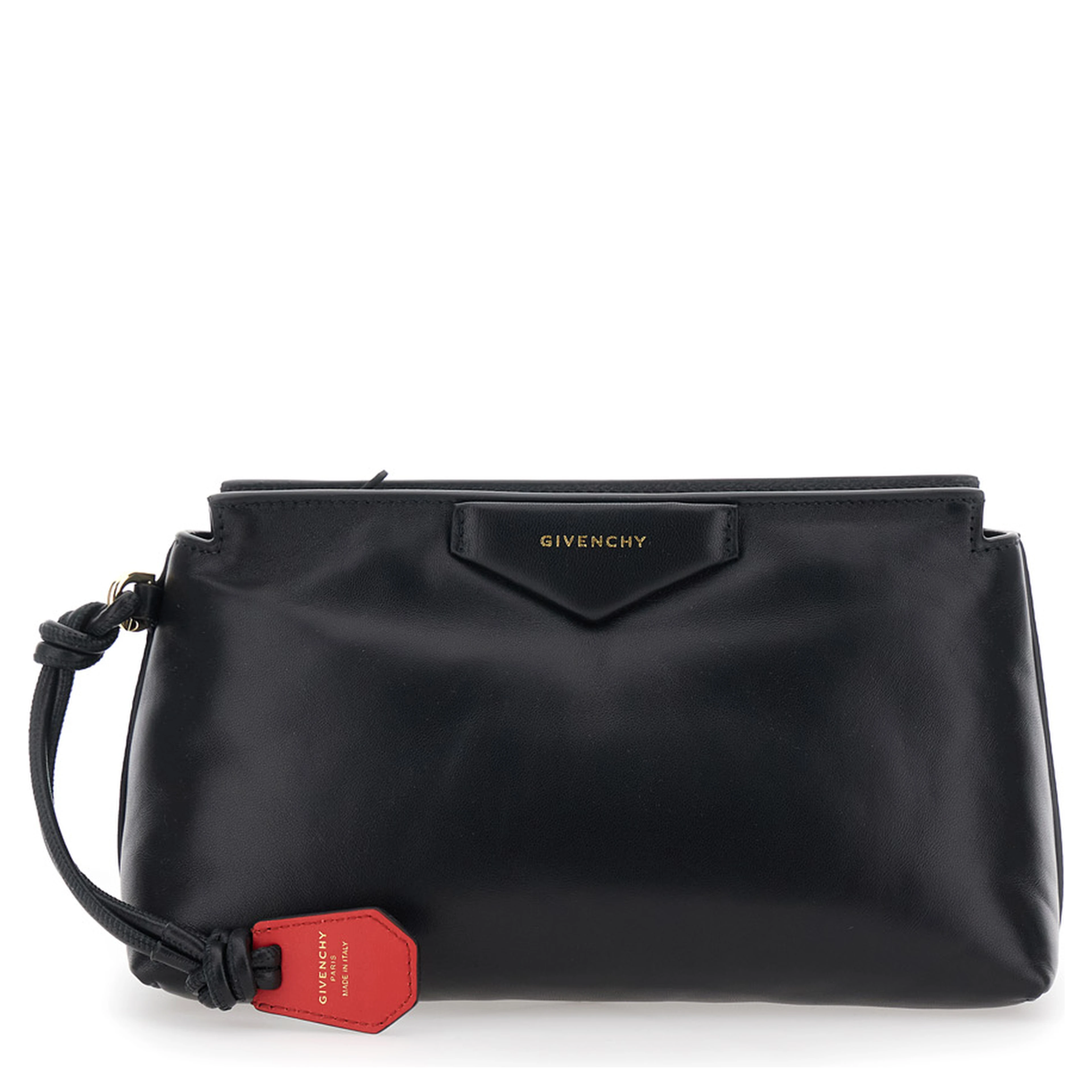Clutch Bag with Flap and Logo in Black Leather Woman