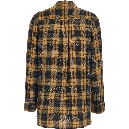 Yellow Shirt with classic collar and check motif with sequins in viscose for women