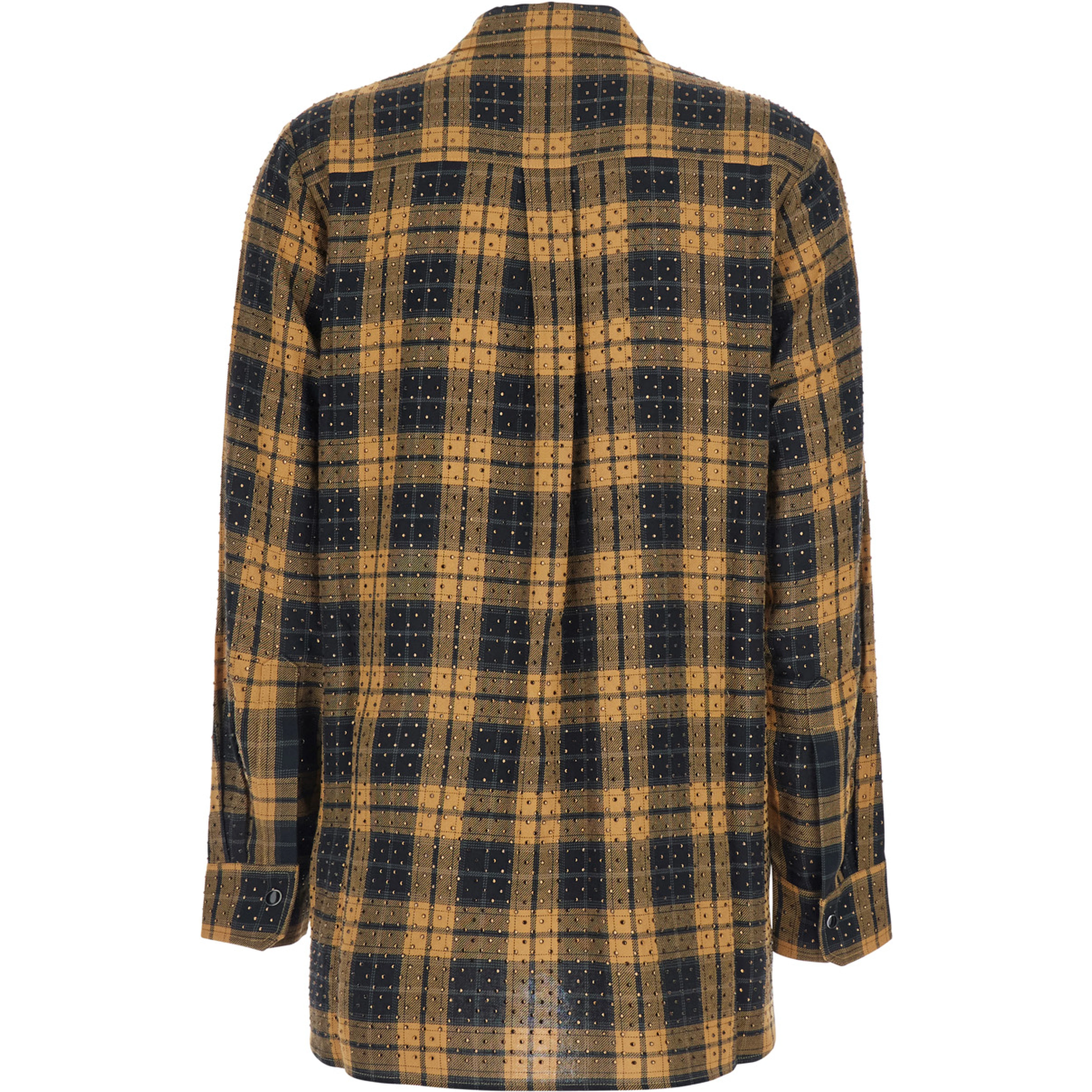 Yellow Shirt with classic collar and check motif with sequins in viscose for women