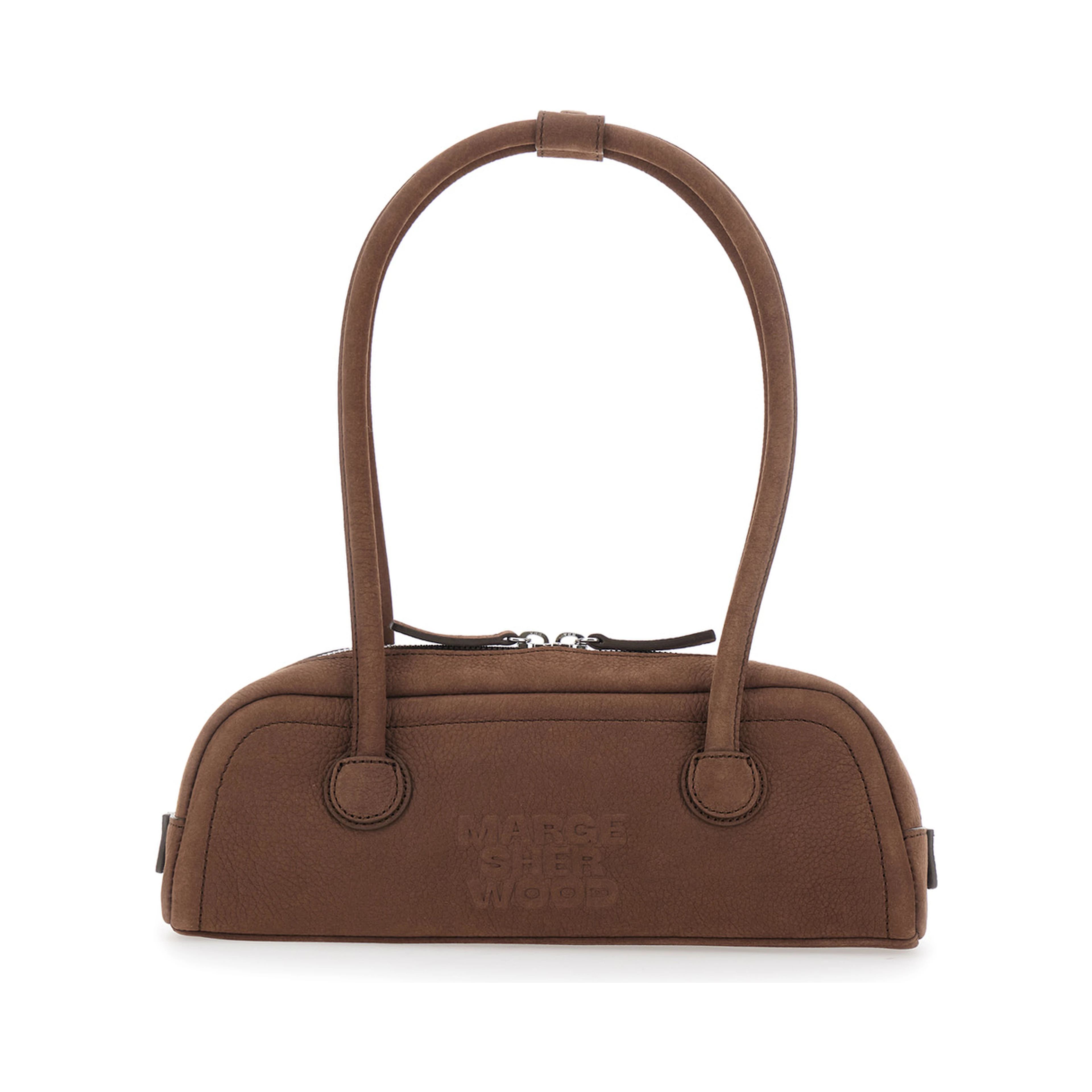 Soft Boston Mini brown Shoulder bag with Two Top Handles and Logo lettering on the Front in leather Women