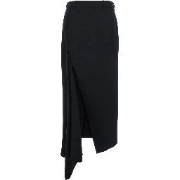 Black Skirt with waistband and asymmetrical hem with draping in wool women