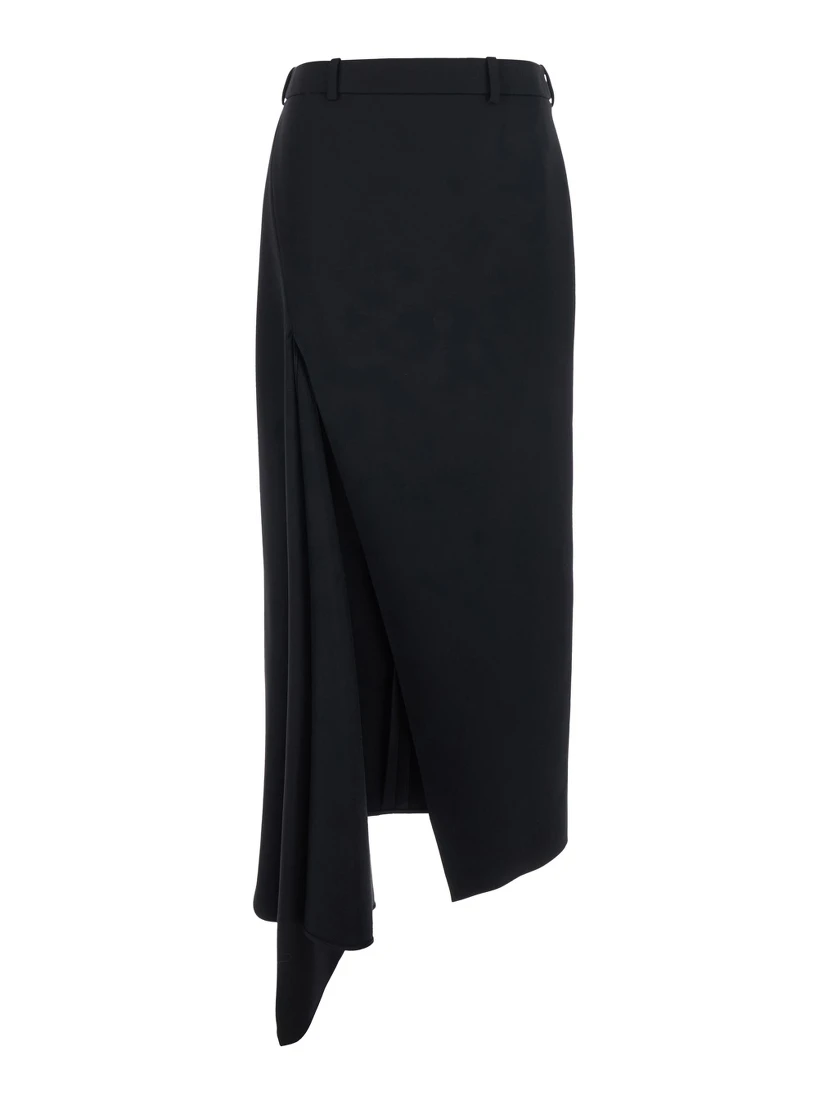 Black Skirt with waistband and asymmetrical hem with draping in wool women