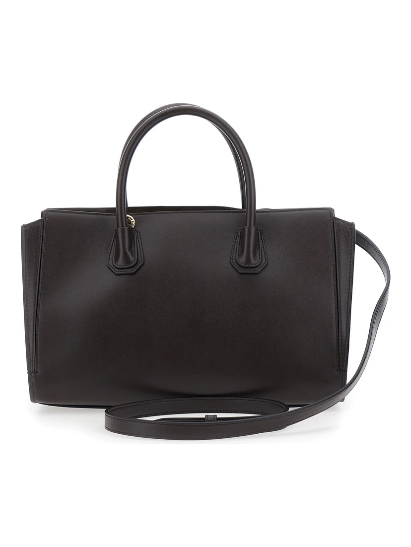 Catchall Brown Handbag with logo lettering on the front and adjustable and removable shoulder strap in leather for women