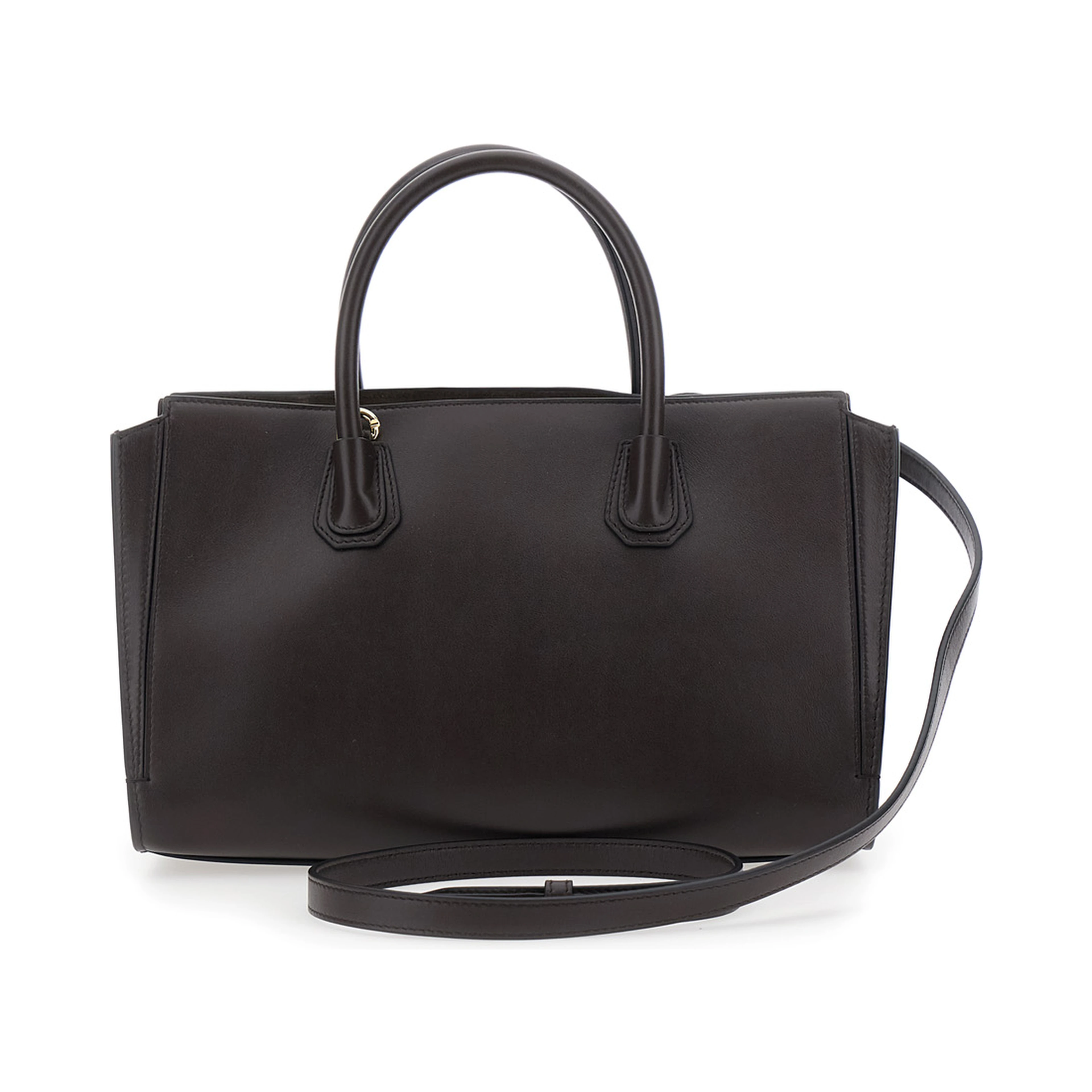Catchall Brown Handbag with logo lettering on the front and adjustable and removable shoulder strap in leather for women