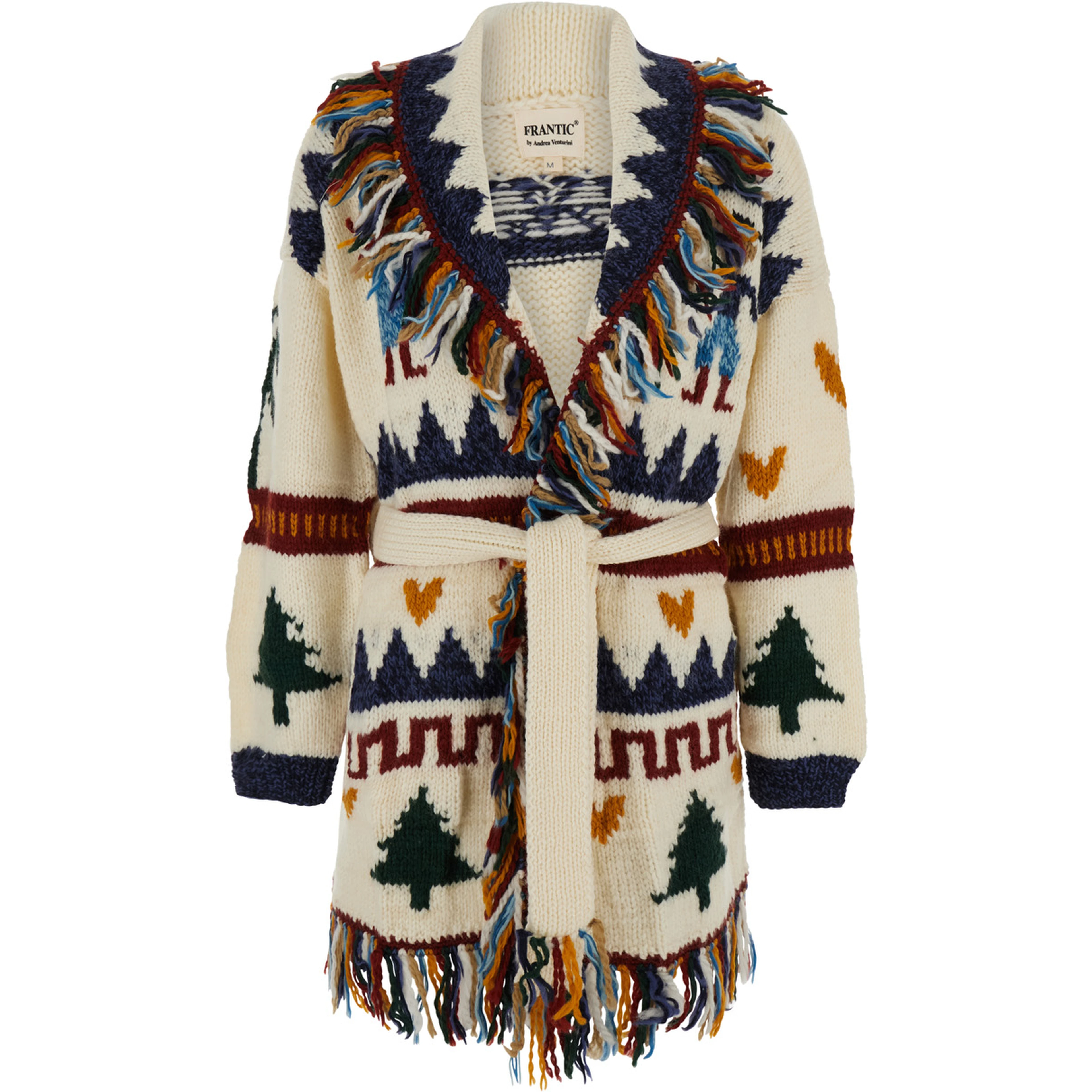 December Multicolor Cardigan with Front Belt and All-Over Embroidery in Wool for Women