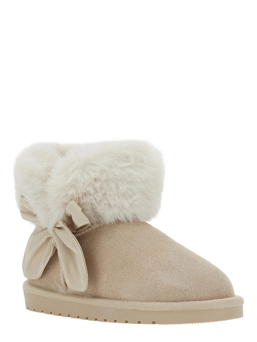 Beige Ankle Boot with Bow and Fur Lining in Suede Girl