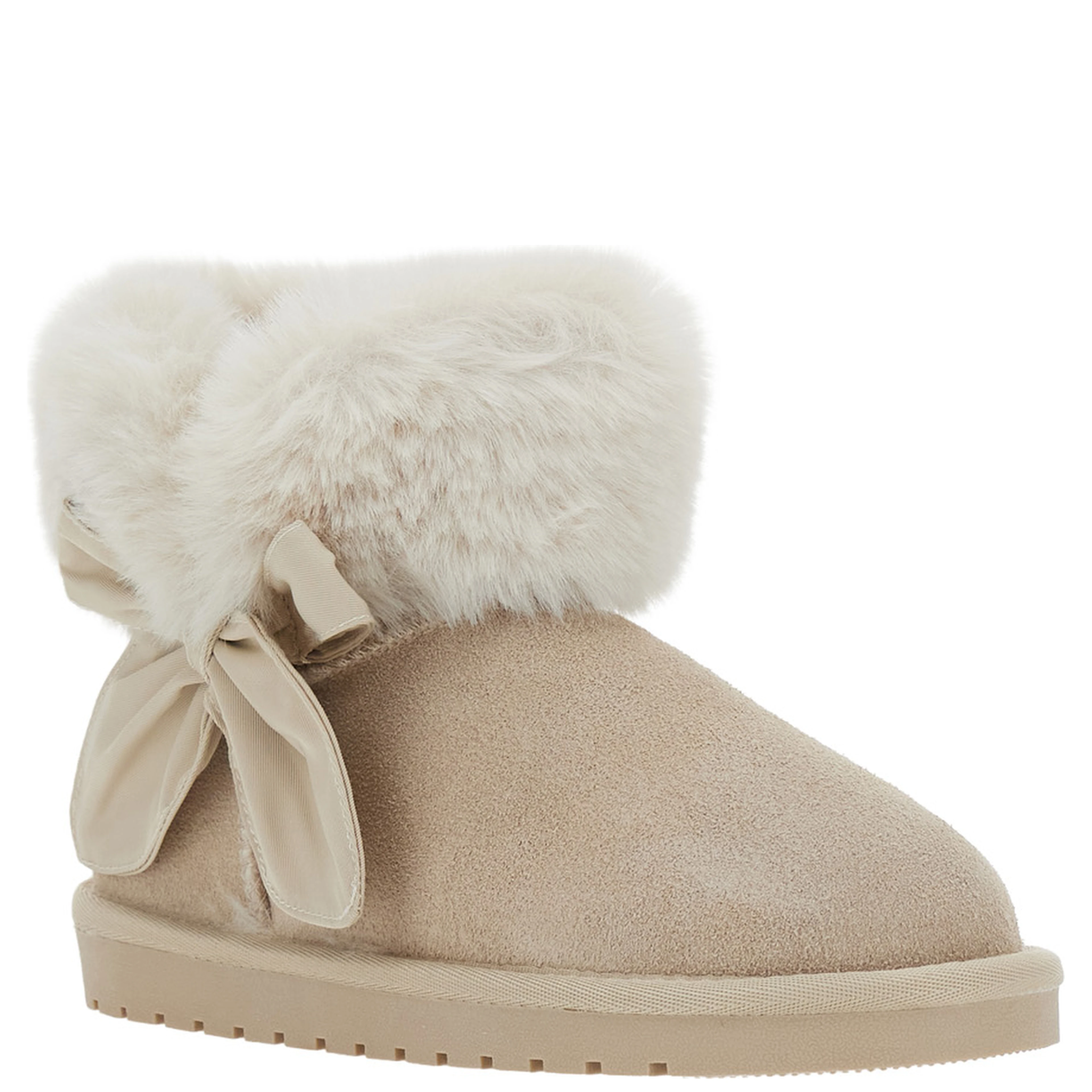 Beige Ankle Boot with Bow and Fur Lining in Suede Girl