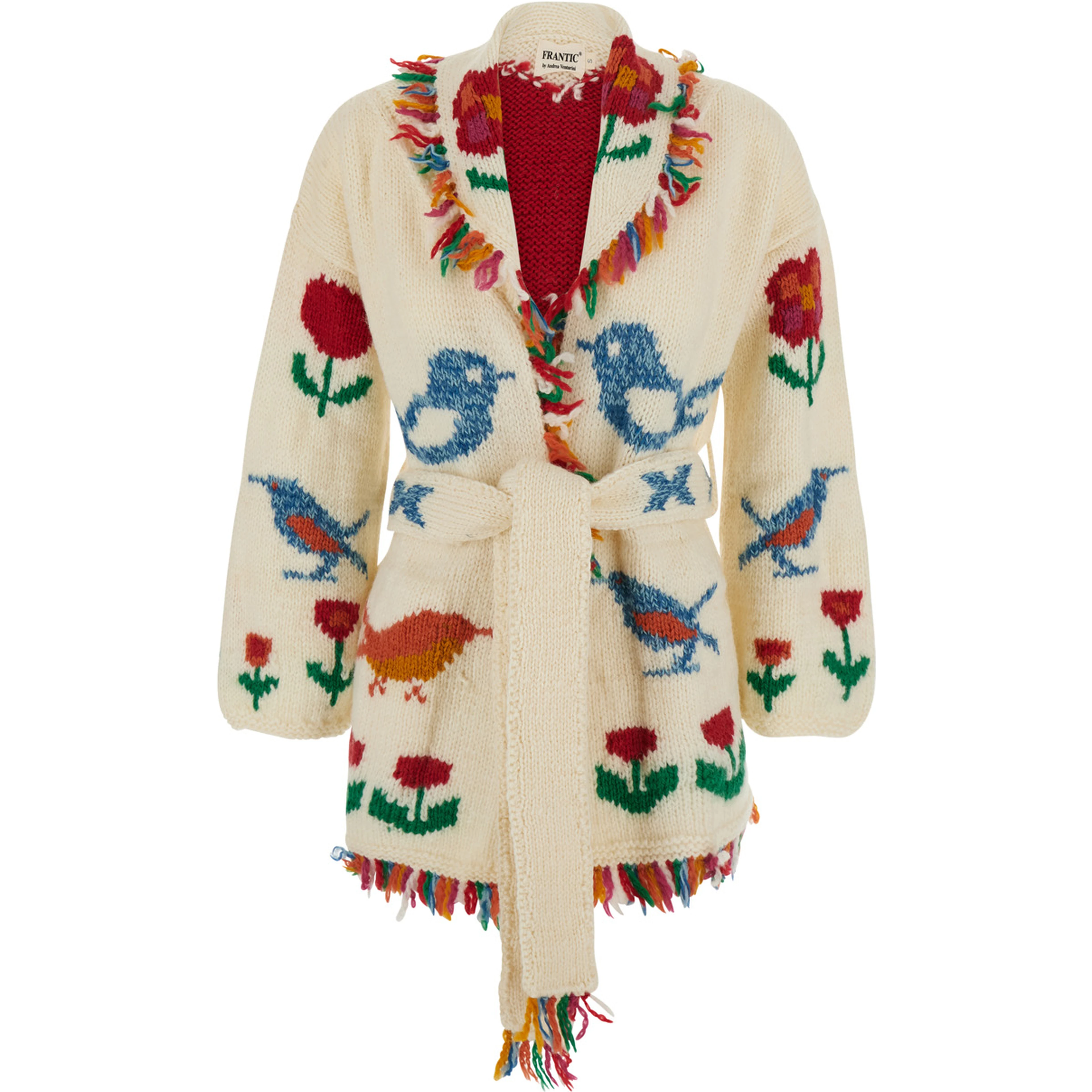Fairy Bird Multicolor Cardigan with Front Belt and All-Over Embroidery in Wool for Women
