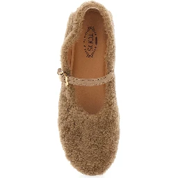 Beige Ballet Shoes with Adjustable Strap Closure in Fur for Women