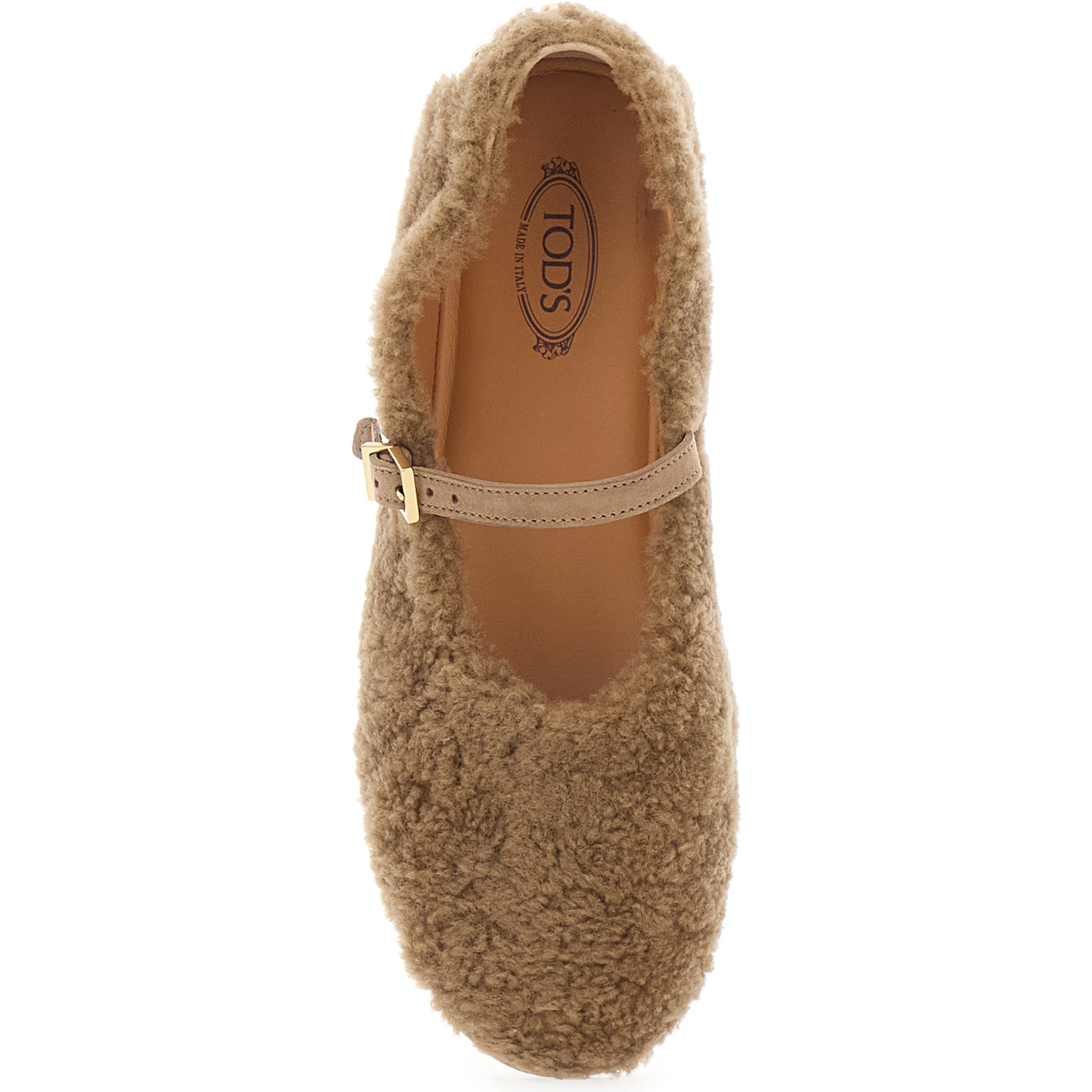 Beige Ballet Shoes with Adjustable Strap Closure in Fur for Women