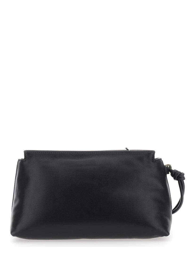 Clutch Bag with Flap and Logo in Black Leather Woman