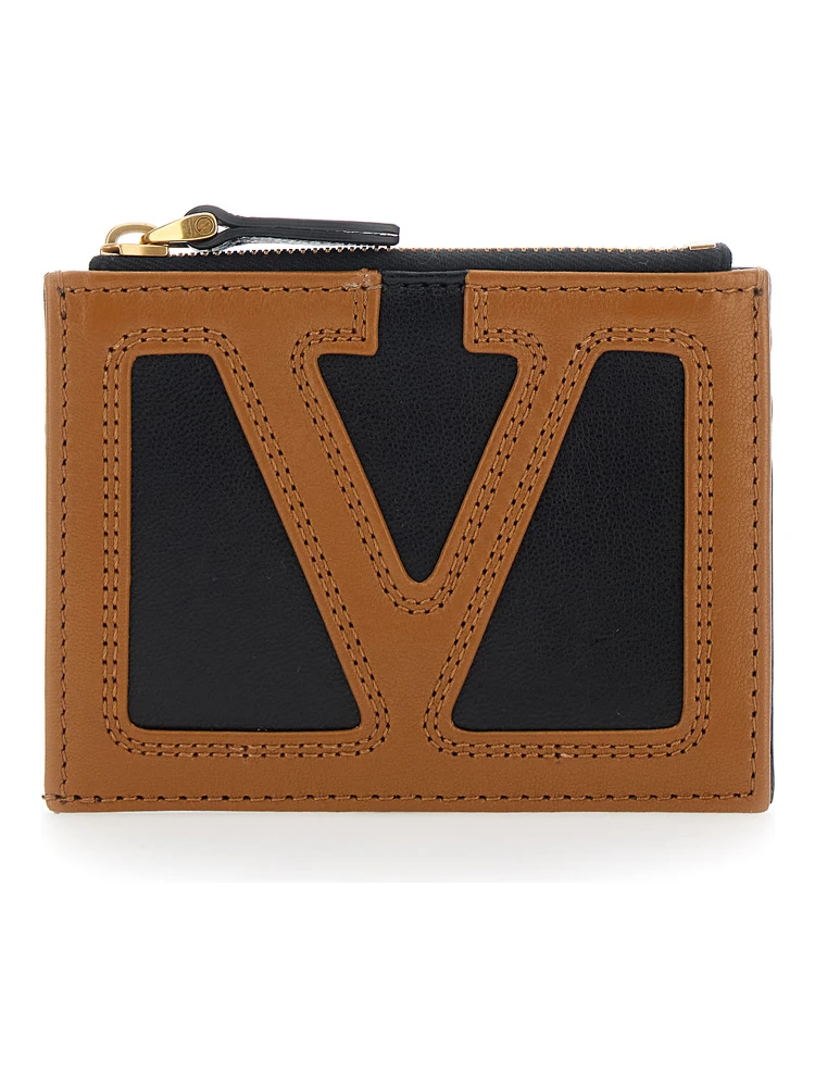Brown Card holder with Contrasting Maxi VLogo on the Front and Coin Purse with Zip in Leather for Men