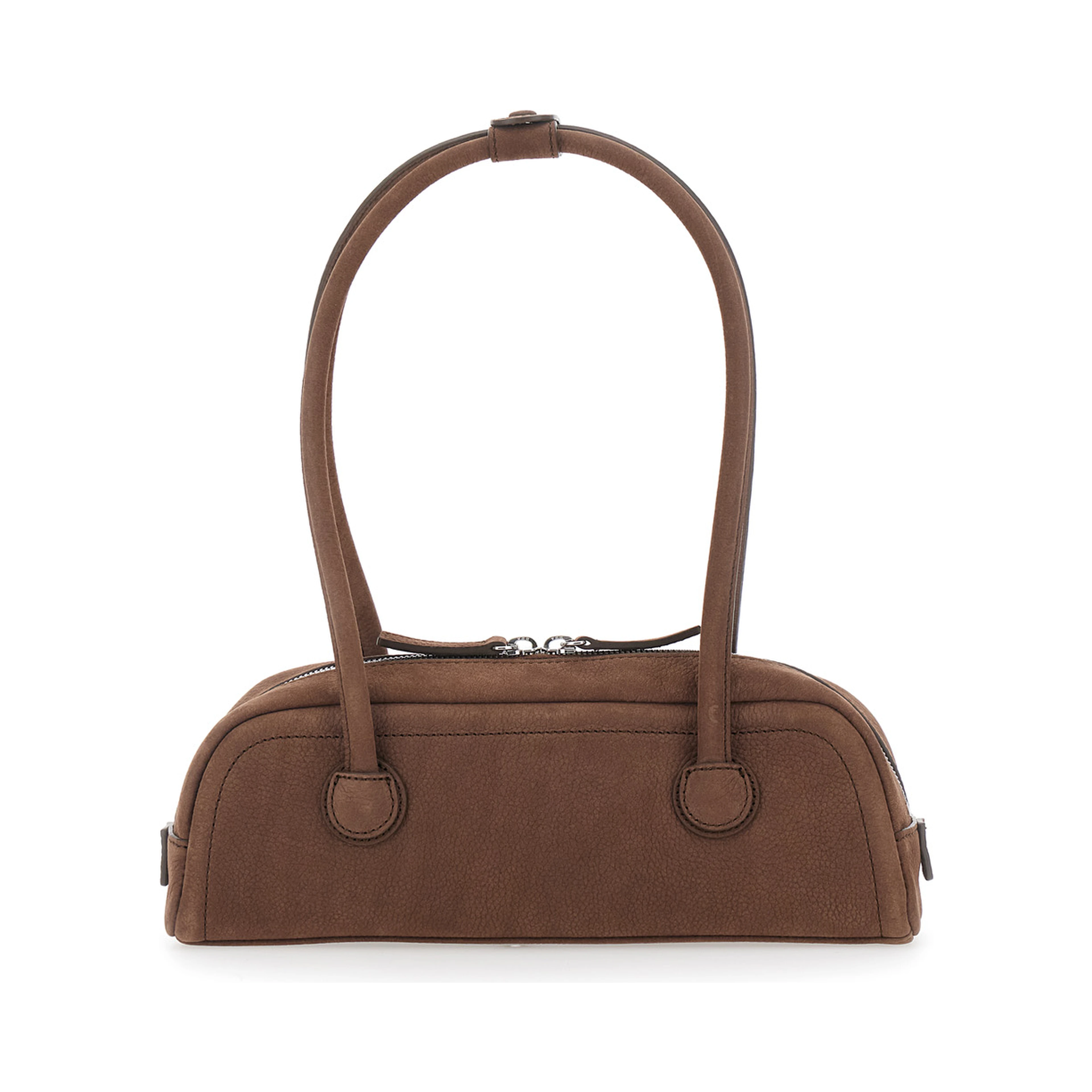 Soft Boston Mini brown Shoulder bag with Two Top Handles and Logo lettering on the Front in leather Women