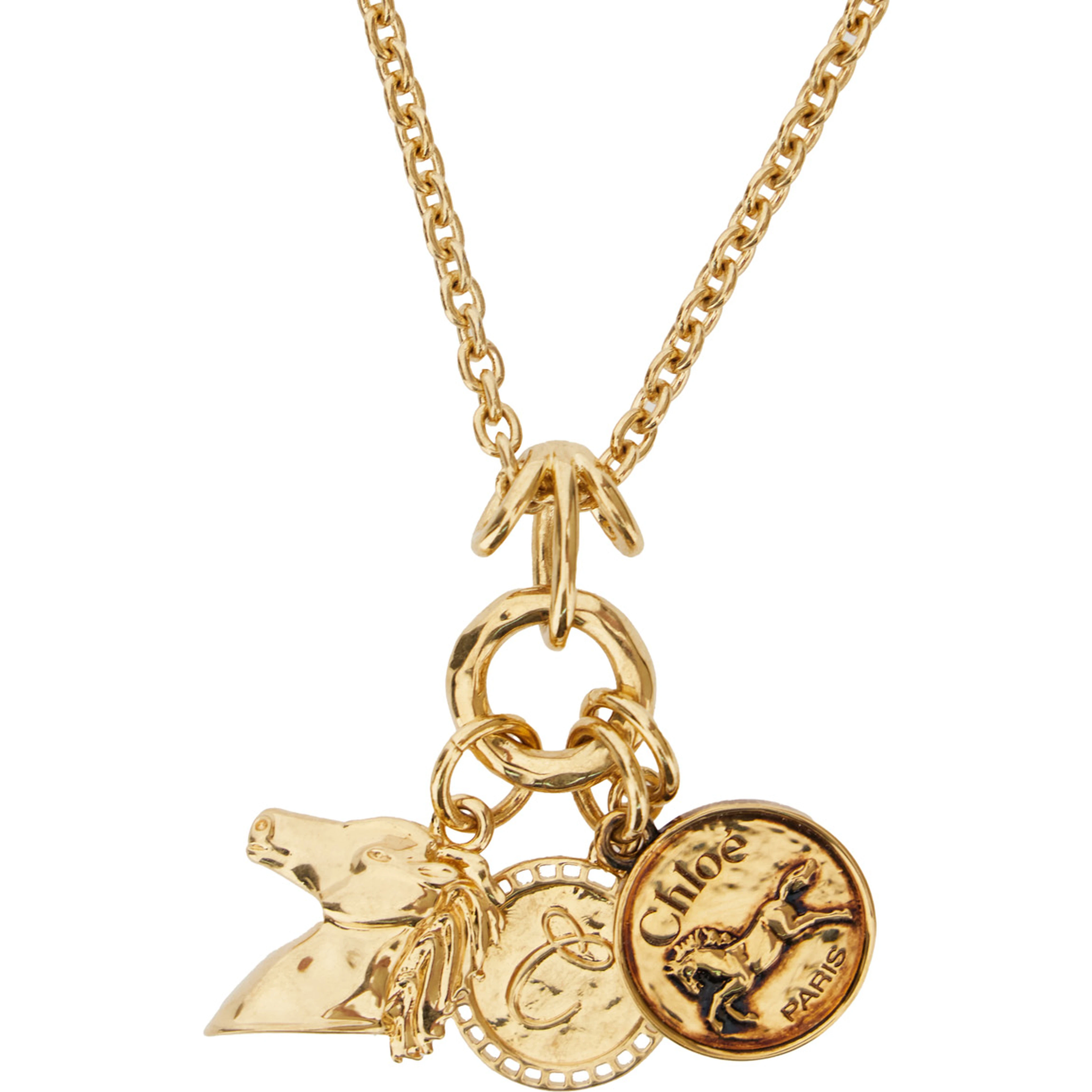 Necklace with Hook Closure and Three Charms with Brass Logo for Women