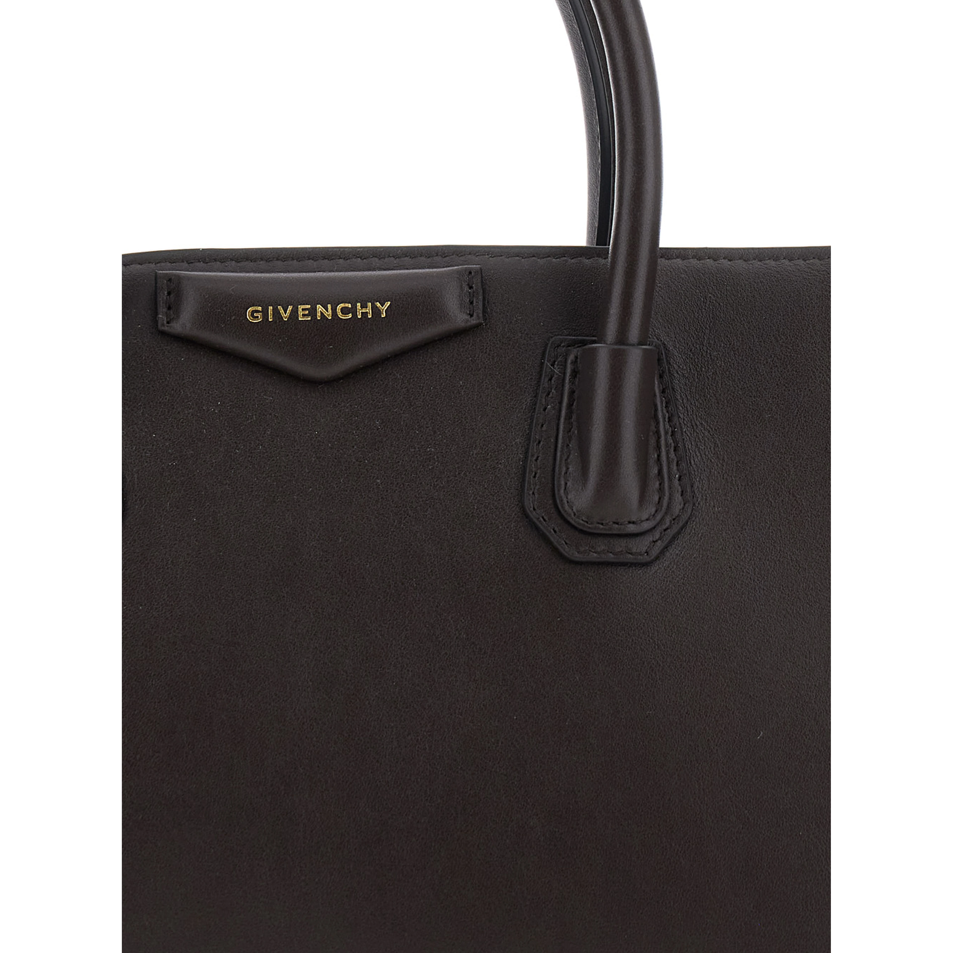 Catchall Brown Handbag with logo lettering on the front and adjustable and removable shoulder strap in leather for women