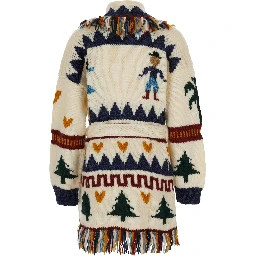 December Multicolor Cardigan with Front Belt and All-Over Embroidery in Wool for Women