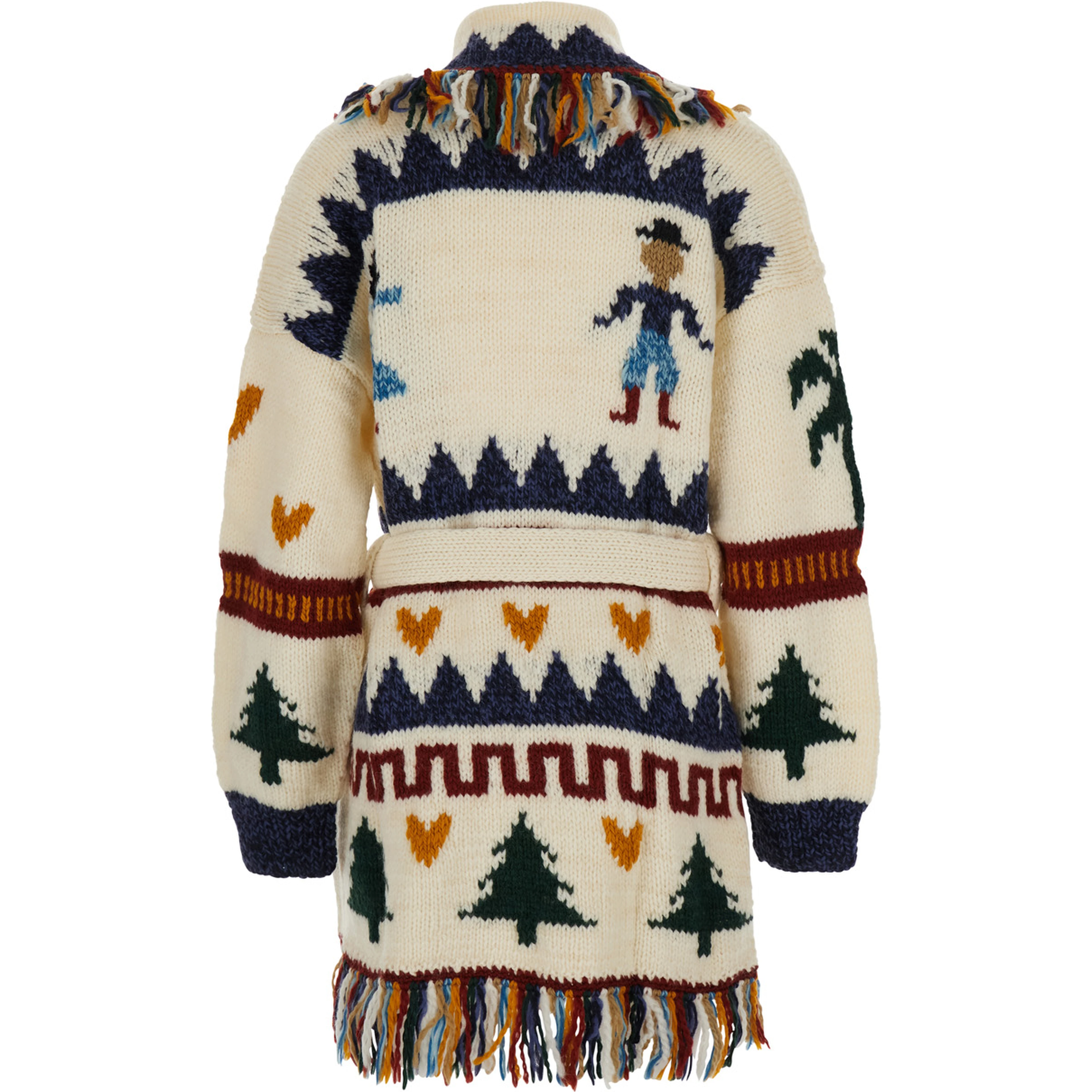 December Multicolor Cardigan with Front Belt and All-Over Embroidery in Wool for Women