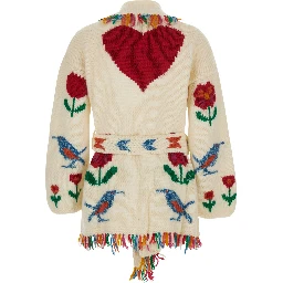Fairy Bird Multicolor Cardigan with Front Belt and All-Over Embroidery in Wool for Women