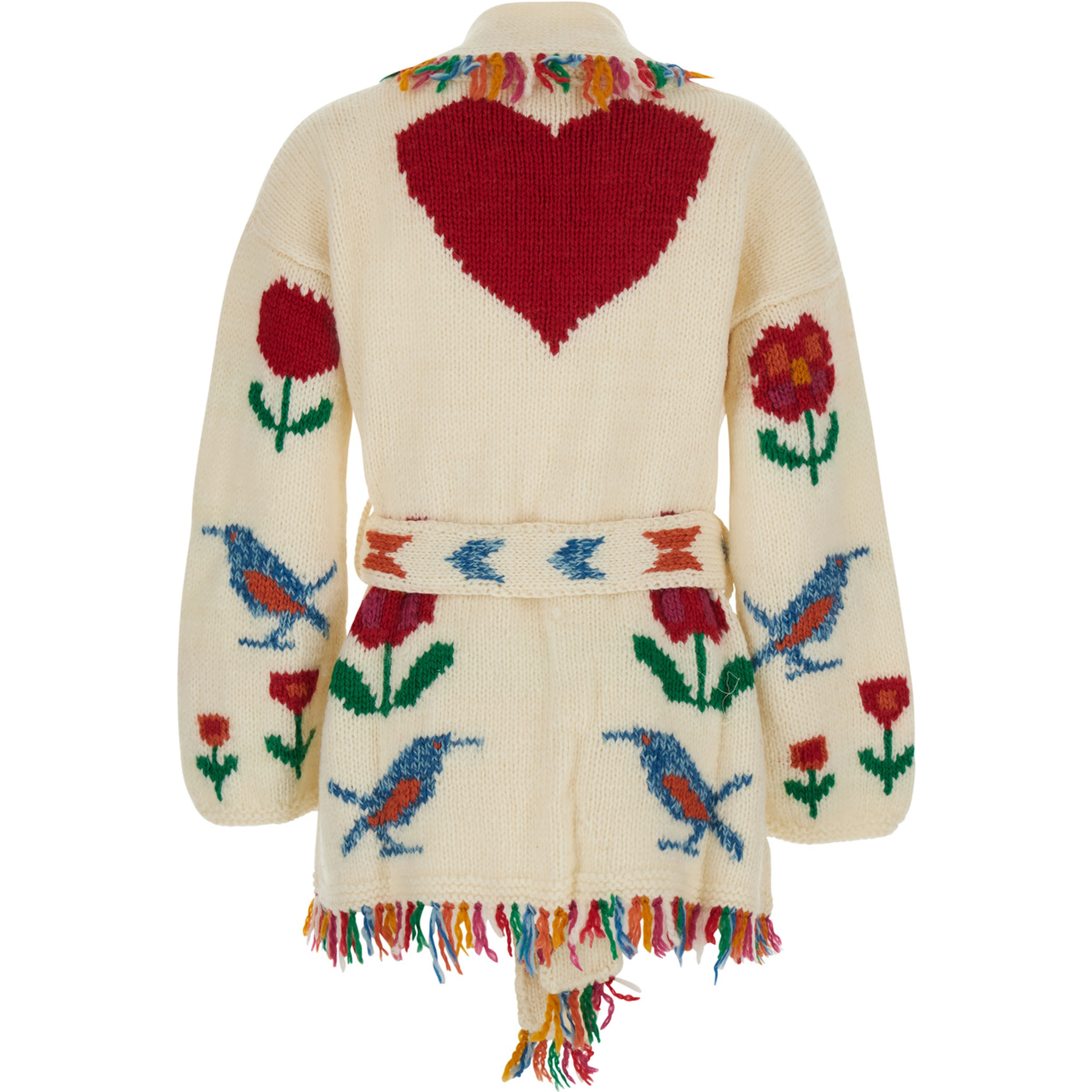 Fairy Bird Multicolor Cardigan with Front Belt and All-Over Embroidery in Wool for Women