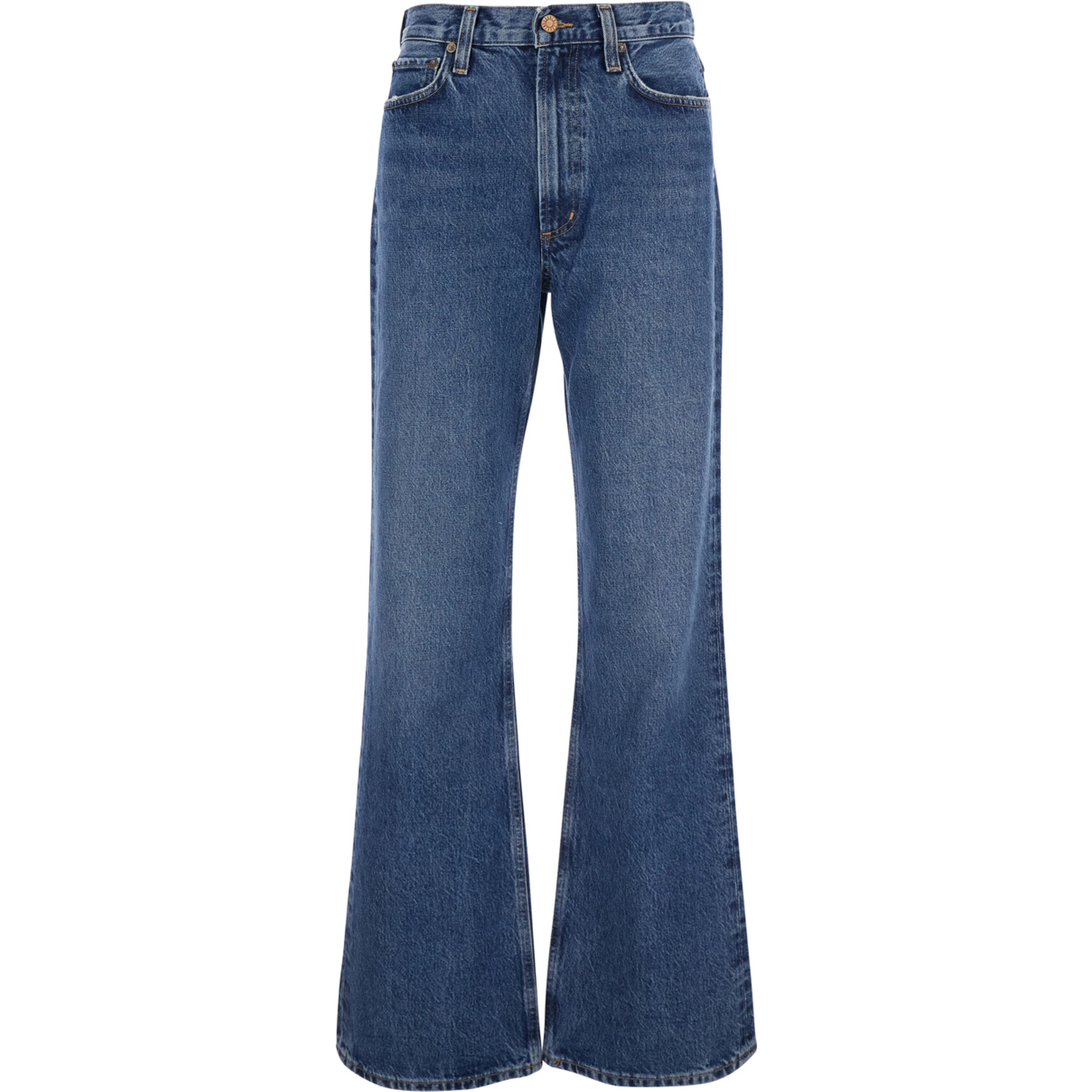 Blue Wide Five-Pocket Jeans with Bleach Effect in Denim Women