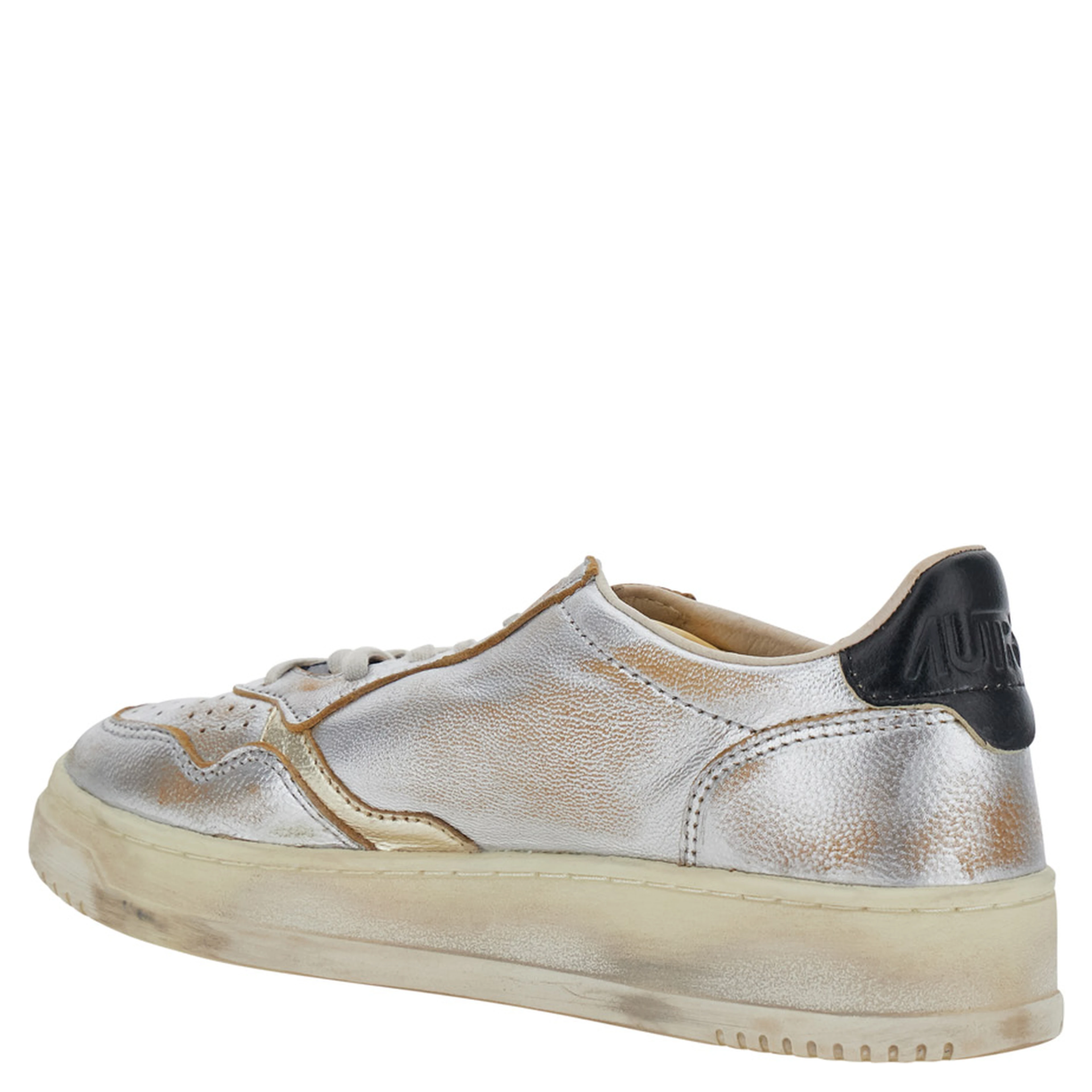 Metallic Sneaker with Logo Patch on the Tongue and Vintage Effect in Leather for Women