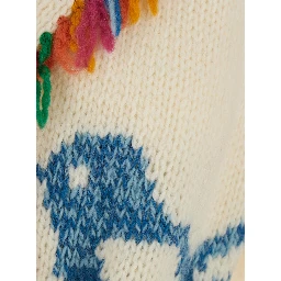 Fairy Bird Multicolor Cardigan with Front Belt and All-Over Embroidery in Wool for Women