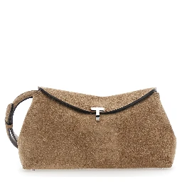 T-Lock Beige Crossbody Bag with T Closure in Suede for Women