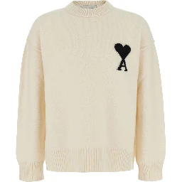 White Crewneck Sweater with ADC Embroidery on the Front in Wool for Men