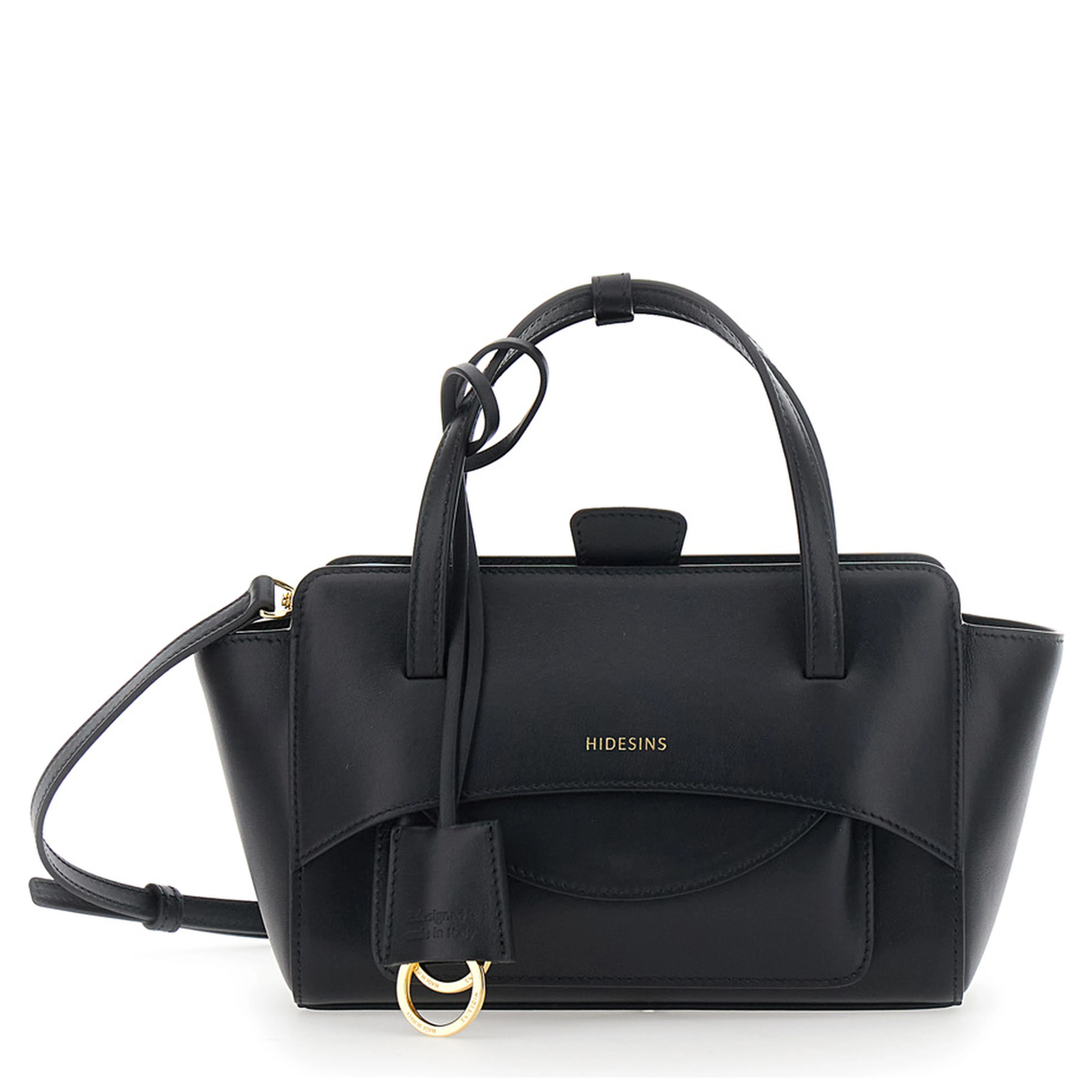 Black Small Handbag with Adjustable Shoulder Strap and Front Pocket in Leather for Women