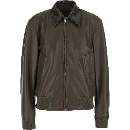 dark green Jacket with collar with Intreccio Motif in leather for women