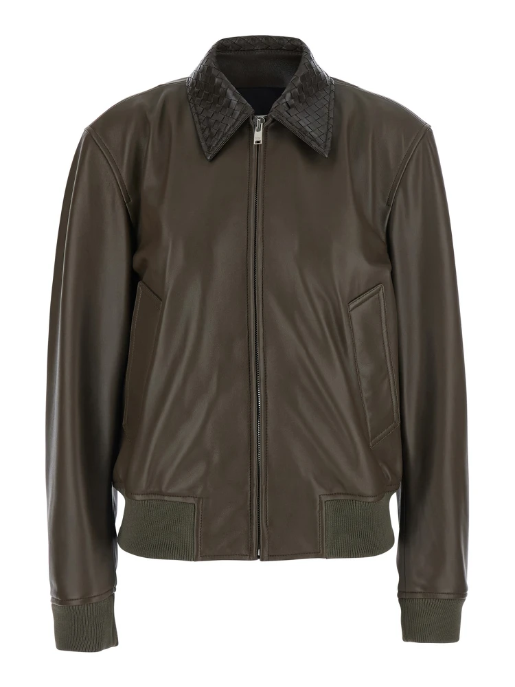 dark green Jacket with collar with Intreccio Motif in leather for women