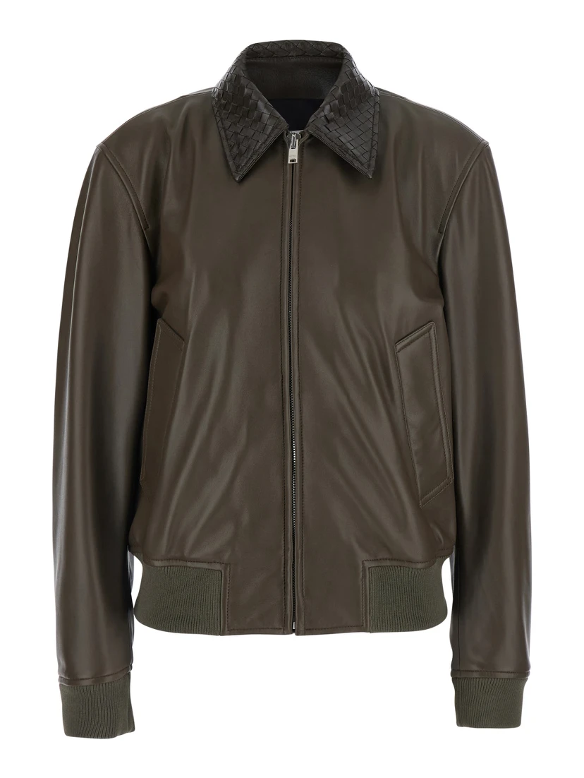 dark green Jacket with collar with Intreccio Motif in leather for women