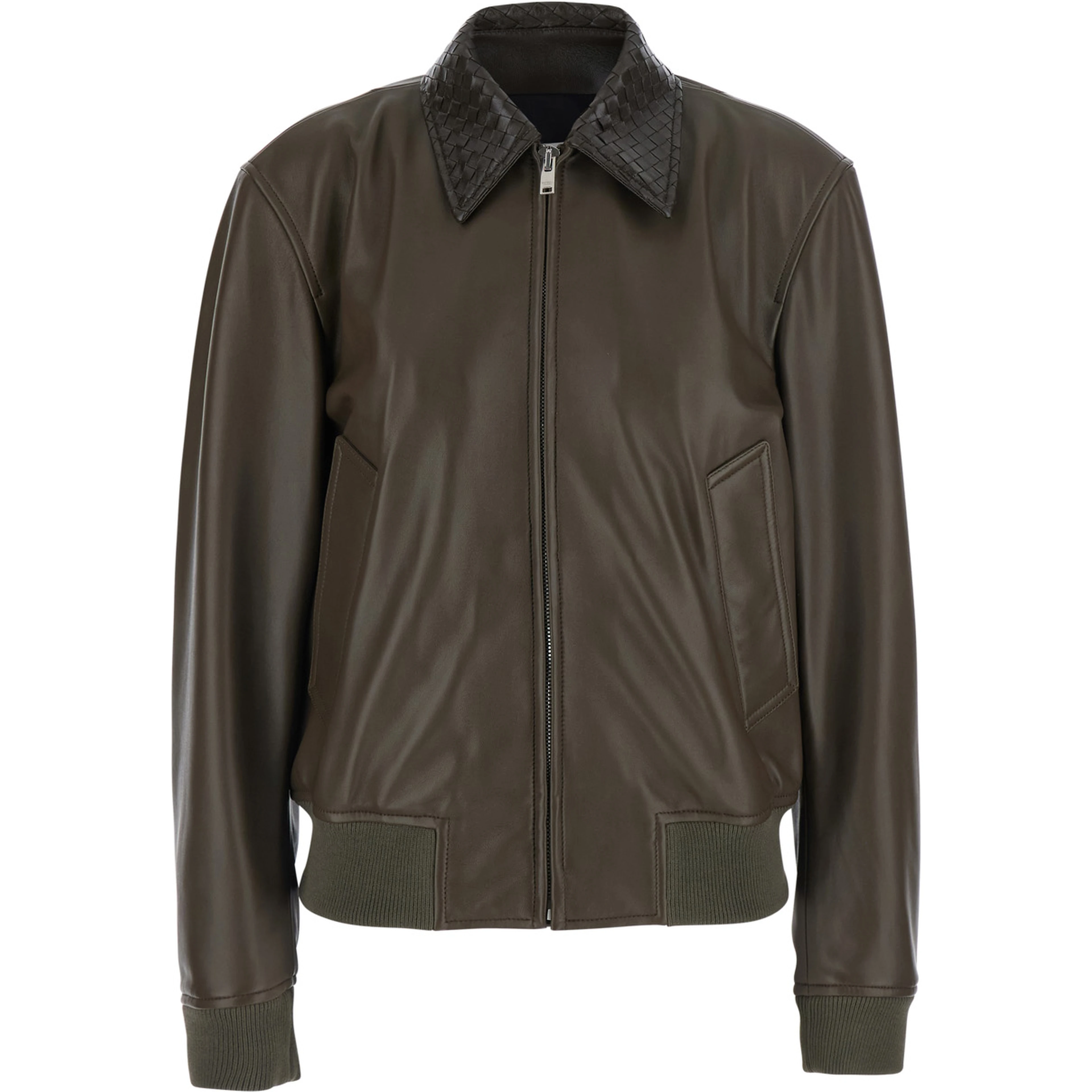 dark green Jacket with collar with Intreccio Motif in leather for women