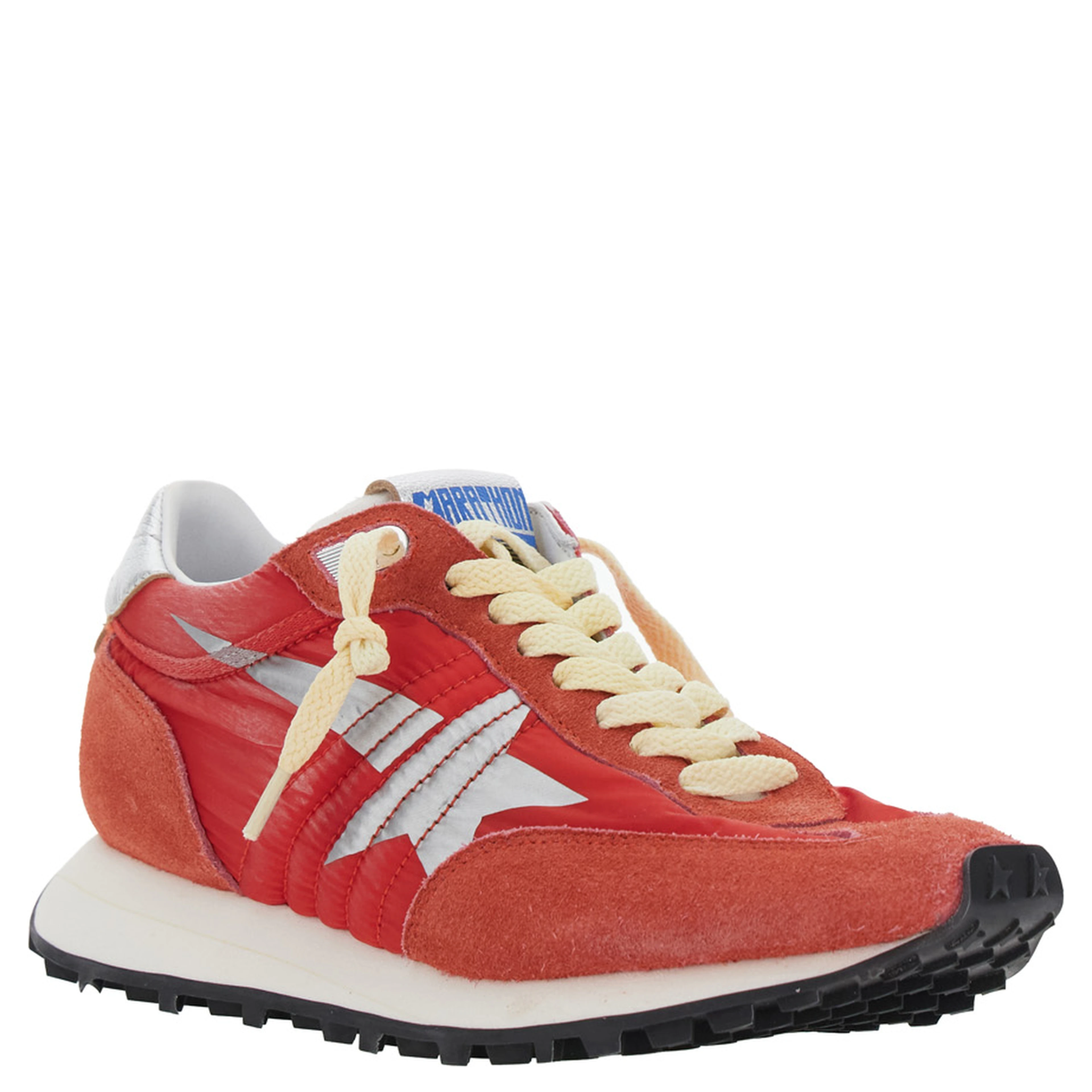 Running Marathon Red Sneakers with Star Patch on the Side and Laminated Heel in Leather for Women