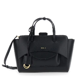 Black Medium Handbag with Adjustable Shoulder Strap and Front Pocket in Leather for Women