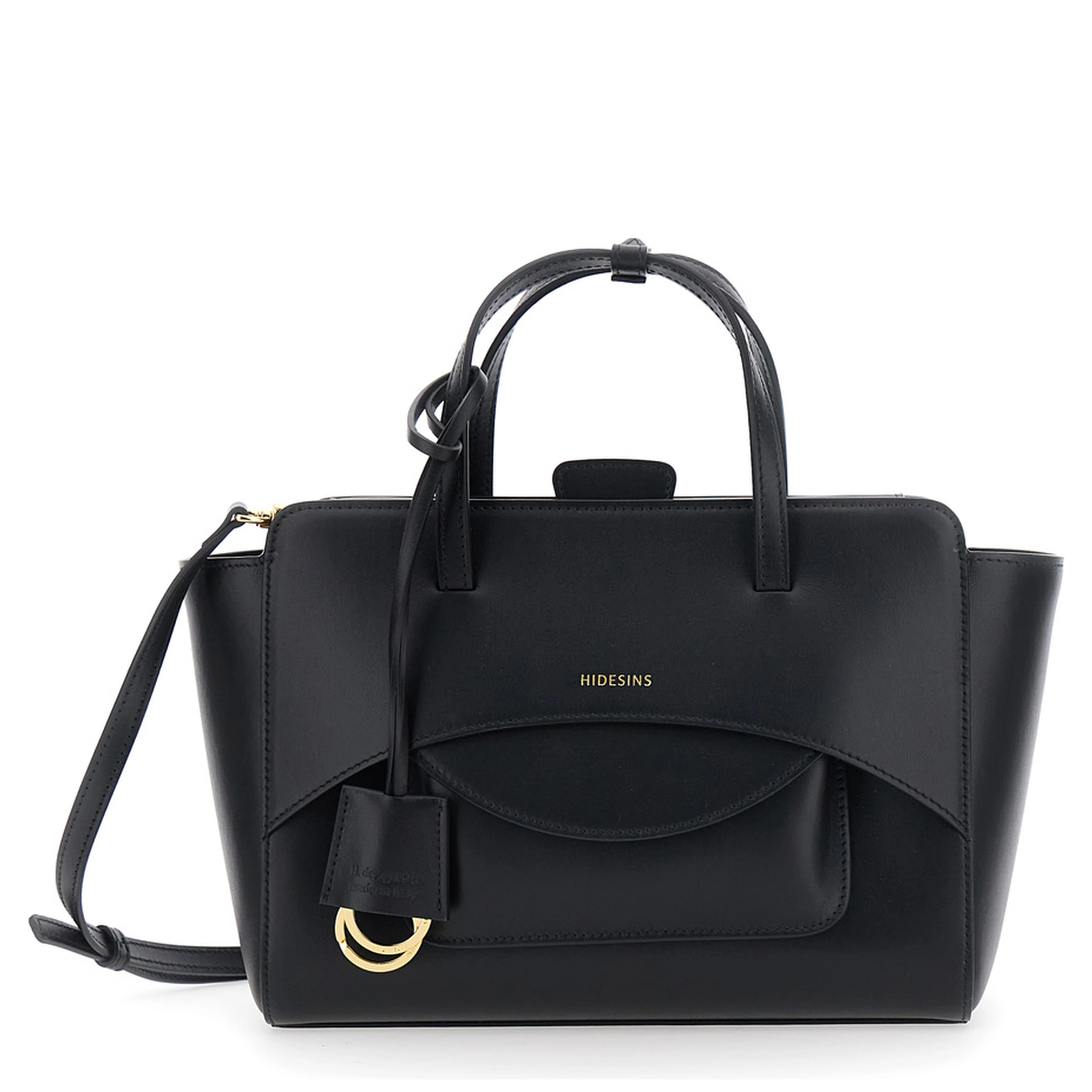 Black Medium Handbag with Adjustable Shoulder Strap and Front Pocket in Leather for Women