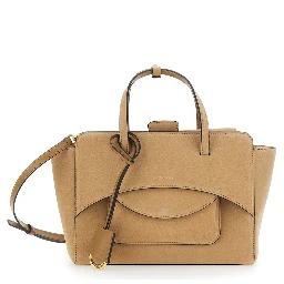 Beige Medium Handbag with Adjustable Shoulder Strap and Front Pocket in Suede for Women