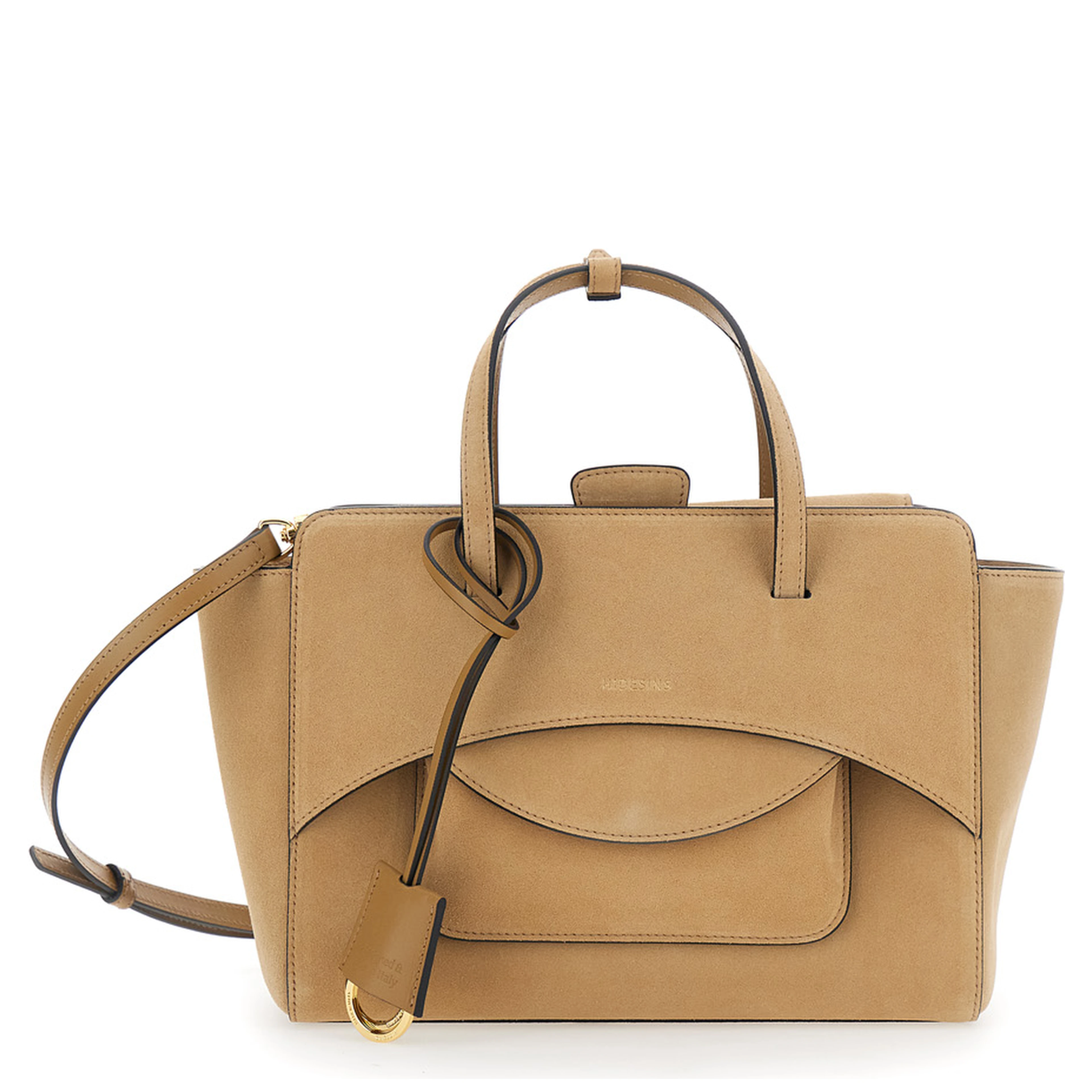 Beige Medium Handbag with Adjustable Shoulder Strap and Front Pocket in Suede for Women
